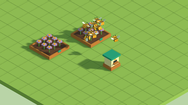 A six-second daytime bee-foraging prototype excerpt. Placeholder models demonstrate the simulation rather than final artwork. Silent GIF.