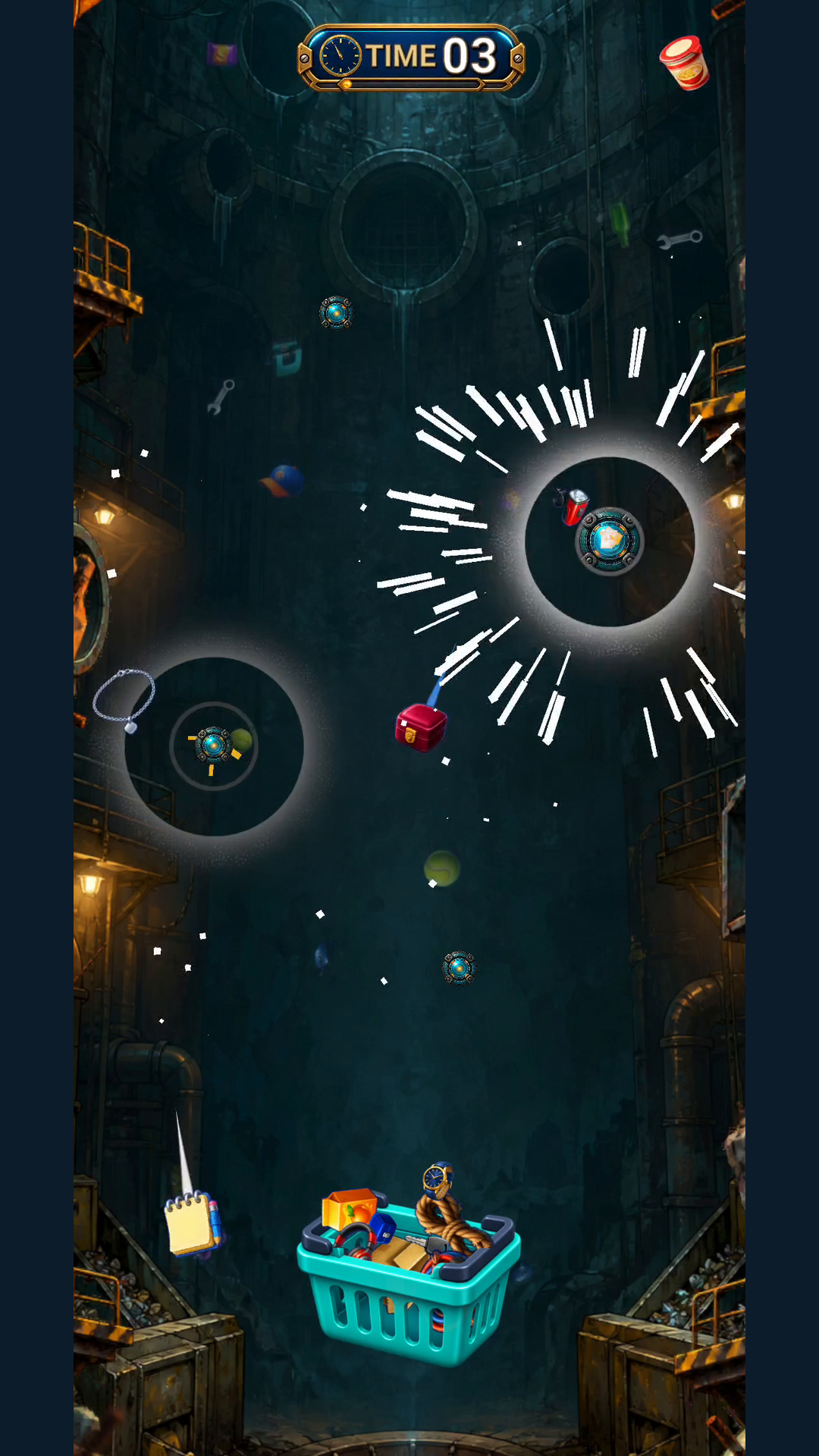 Falling gameplay as objects drop toward the basket
