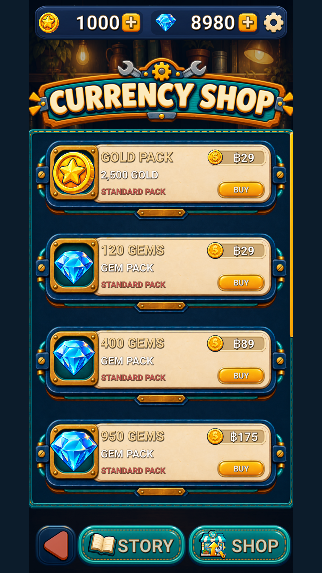 Falling Shop and upgrades screen