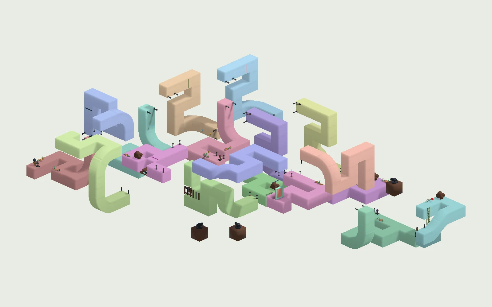 ด่านหลายเกาะพร้อมทางโค้ง ทางบิด บันได และกลไกของ Pastel Puzzle